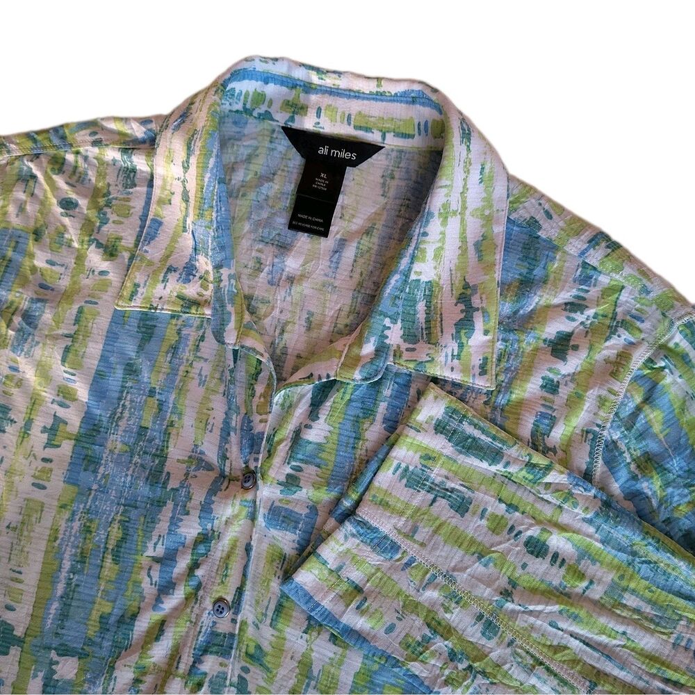 Ali Miles Womens L Blue Green Linen Artsy Snap Front Top Lagenlook Boho Abstract